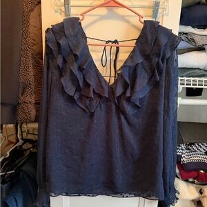 Hutch Anthropologie Womens M Blouse Navy Blue Long Sleeve V-Neck Ruffle